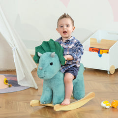Qaba Kids Plush Ride-On Rocking Horse Triceratops-shaped Plush Toy Rocker with Realistic Sounds for Child 36-72 Months Green