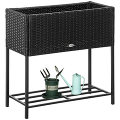 Outsunny PE Rattan Wicker Raised Flower & Vegetable Planter, Rack Shelf Box
