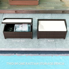 Outsunny Outdoor Wicker Storage Bench with Storage & Cushion, Cream White