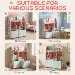 Qaba Kids Bookshelf with Storage, Toy Storage Unit with Book Display, Shelves and Fabric Drawers for Playroom Nursery, Pink