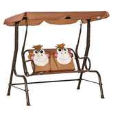 Outsunny Kids Patio Swing, 2-Seater Outdoor Swing Chair with Adjustable Canopy and Safety Belt, Monkey Pattern Hanging Swing Bench for Garden or Backyard, Coffee
