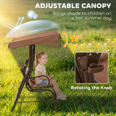 Outsunny Kids Patio Swing, 2-Seater Outdoor Swing Chair with Adjustable Canopy and Safety Belt, Monkey Pattern Hanging Swing Bench for Garden or Backyard, Coffee