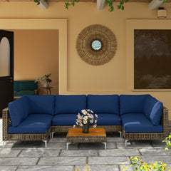 Outsunny 7 Piece Wicker Patio Furniture Set, Modular Outdoor Sectional with Thickened Cushions, Acacia Wood Table, Brown/Blue