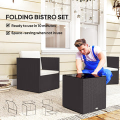 Outsunny Folding Wicker Bistro Set, 3 Piece Patio Furniture Set with Cushions and Glass Coffee Table for Porch, Balcony, Brown
