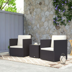 Outsunny Folding Wicker Bistro Set, 3 Piece Patio Furniture Set with Cushions and Glass Coffee Table for Porch, Balcony, Brown