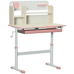 Qaba Wooden Kids Study Desk, Height Adjustable Children School Study Table, Student Writing Desk with Tilt Desktop, Drawer, Storage Shelf, Pen Holder, Pink