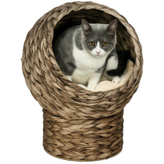 PawHut Handwoven Elevated Cat Bed with Soft Cushion & Egg Chair Shape, Basket Bed Kitty House with Stand, Raised Wicker House for Indoor Cats, 20" H, Gray