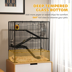 PawHut 4 Tier Hamster Cage with Deep Tempered Glass Bottom, Running Wheel, Hut, Water Bottle, Food Dish, 31" x 19" x 31.5"