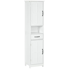 kleankin Modern Bathroom Cabinet, Narrow Storage Cabinet with Open Shelf, Drawer, Recessed Doors and Adjustable Shelves, White