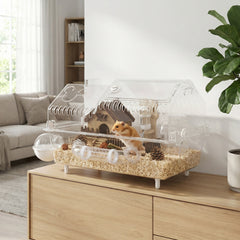 PawHut Hamster Cage with Large Wheel & Hideout, Small Animal Habitat with Accessories, Clear Pet House, 21.5" x 11.8" x 12.6",