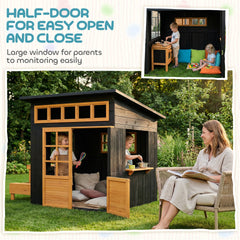 Qaba Outdoor Playhouse, Wooden Kids Playhouse w/ Picnic Table & Benches, Chalkboards, Half Door, Windows, for Kids Ages 3-8