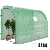 Outsunny 10' x 5' x 7' Lean to Greenhouse, Walk-In Green House, Plant Nursery with 2 Roll-up Doors and Windows, PE Cover and 3 Wire Shelves, Green