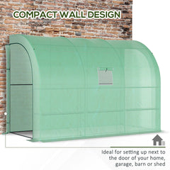 Outsunny 10' x 5' x 7' Lean to Greenhouse, Walk-In Green House, Plant Nursery with 2 Roll-up Doors and Windows, PE Cover and 3 Wire Shelves, Green