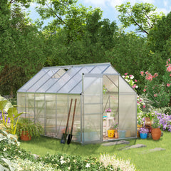 Outsunny 12' x 6' x 6.5' Polycarbonate Greenhouse with Aluminum Frame, Walk-in Heavy Duty Green House with Adjustable Roof Vent, Rain Gutter and Sliding Door for Winter, Silver