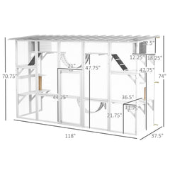 PawHut 118" Large Outdoor Catio Cat Enclosure with Condos, Bridges & Posts, White