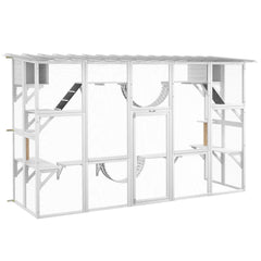 PawHut 118" Large Outdoor Catio Cat Enclosure with Condos, Bridges & Posts, White