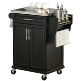 HOMCOM Kitchen Island on Wheels, Rolling Kitchen Cart with Stainless Steel Countertop, Drawer, Towel Rack and Spice Rack, Utility Storage Trolley, Black