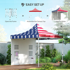 Outsunny 10' x 10' Heavy Duty Pop Up Canopy Tent with Sidewall, UPF50+ Instant Sun Shelter with Storage Pockets, American Flag