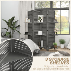 HOMCOM 4 Panel 67" Tall Wood Privacy Screen Room Divider with 3 Shelves and Folding Storage for Bedroom, Gray
