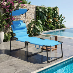 Outsunny Outdoor Lounge Chair, 4 Position Adjustable Backrest, Folding, Cushioned w/ Sun Shade Roof & Pillow, Blue