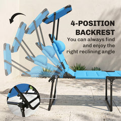Outsunny Outdoor Lounge Chair, 4 Position Adjustable Backrest, Folding, Cushioned w/ Sun Shade Roof & Pillow, Blue