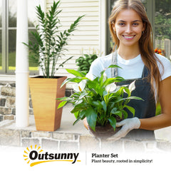 Outsunny Set of 3 Tall Planters, 28" Outdoor Planter w/ Drainage Holes, Faux Wood Plastic Flower Pots, Light Brown