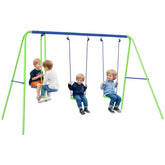 Outsunny Metal Swing Set with Glider, Two Swing Seats and Adjustable Height, Outdoor Heavy Duty A-Frame Suitable for Playground, Backyard, Green