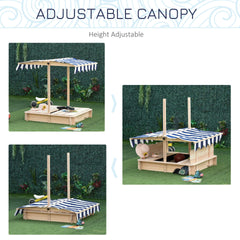 Outsunny Covered Sandbox, Wooden,with Cover Adjustable Canopy, Detachable Seats and Backrests, Kids Sandbox with Convertible Bench Seat, Bottom Liner, Natural Blue