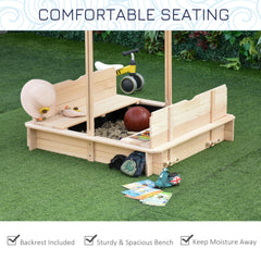Outsunny Covered Sandbox, Wooden,with Cover Adjustable Canopy, Detachable Seats and Backrests, Kids Sandbox with Convertible Bench Seat, Bottom Liner, Natural Blue