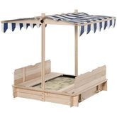 Outsunny Covered Sandbox, Wooden,with Cover Adjustable Canopy, Detachable Seats and Backrests, Kids Sandbox with Convertible Bench Seat, Bottom Liner, Natural Blue