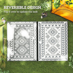 Outsunny Reversible Outdoor Rug, Waterproof Plastic Straw with Carry Bag, 9' x 12', Gray & White Rhombus Patchwork