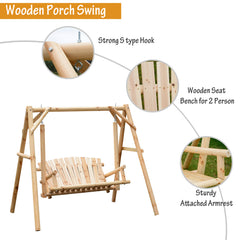 Outsunny 2-Seat Wooden Swing Bench, Ergonomic Design, 'A' Frame Construction, Stable and Non-Slip, Solid Wood Frame Log Garden Swing, for Outdoor and Indoor, Natural Wood
