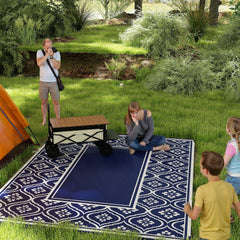 Outsunny Reversible Outdoor Rug, Waterproof Plastic Straw with Carry Bag, 9' x 12', Blue & White Gourd Border