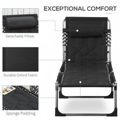 Outsunny Padded Folding Chaise Lounge Chair, Outdoor 6-Level Reclining Camping Tanning Chair with Headrest for Beach, Yard, Patio, Pool, Black