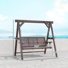 Outsunny 3 Seat Wooden Porch Swing with Stand, Patio Swing with Side Tables, for Garden, Poolside, Backyard, Carbonized Brown