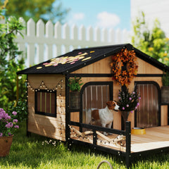 PawHut Dog House Outdoor, Wooden Dog Kennel Weatherproof with Porch, Openable Roof, Removable Bottom, Elevated Floor, Double Room for 2 Small to Medium Breeds, Natural