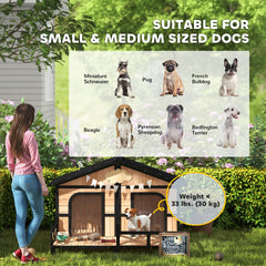 PawHut Dog House Outdoor, Wooden Dog Kennel Weatherproof with Porch, Openable Roof, Removable Bottom, Elevated Floor, Double Room for 2 Small to Medium Breeds, Natural