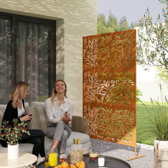 Outsunny Decorative Privacy Fence Screen, Metal Outdoor Privacy Screen Climbing Plant Trellis with Stand, Bamboo Brown