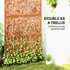 Outsunny Decorative Privacy Fence Screen, Metal Outdoor Privacy Screen Climbing Plant Trellis with Stand, Bamboo Brown