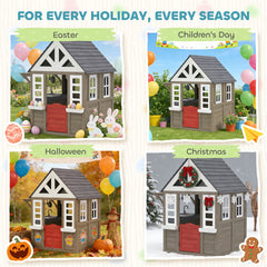 Qaba Outdoor Playhouse, Wooden Kids Playhouse with Dog Door, Flower Box, Cookware & Window for Garden Ages 2+, Gray