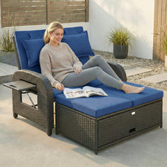 Outsunny Patio Rattan Daybed, Wicker Outdoor Daybed with Storage Ottoman, Loveseat w/ Adjustable Backrest, Navy Blue