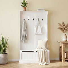 HOMCOM 3-In-1 Entryway Bench with Coat Rack, Hall Tree with Bench and Shoe Storage, 5 Hooks for Hallway Cream White