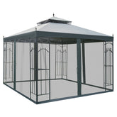 Outsunny 118" x 118" Steel Outdoor Patio Gazebo Canopy with Removable Mesh Curtains, Display Shelves, & Steel Frame, Gray