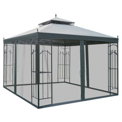 Outsunny 118" x 118" Steel Outdoor Patio Gazebo Canopy with Removable Mesh Curtains, Display Shelves, & Steel Frame, Gray