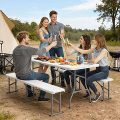 Outsunny 6FT 3 PCS Portable Camping Table and Chairs, Folding Picnic Table Bench Set with Carrying Handles for BBQ, Party, White