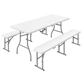 Outsunny 6FT 3 PCS Portable Camping Table and Chairs, Folding Picnic Table Bench Set with Carrying Handles for BBQ, Party, White