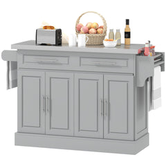 HOMCOM Rolling Kitchen Island Cart with 47" Stainless Steel Top, Portable Island Table for Kitchen with Wheels, Adjustable Shelves, 2 Drawers, Spice, Knife and Towel Rack, Gray