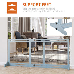 PawHut 71" W x 27.25" H Extra Wide Freestanding Pet Gate with Adjustable Length Dog, Cat, Barrier for House, Doorway, Hallway, Blue-Gray