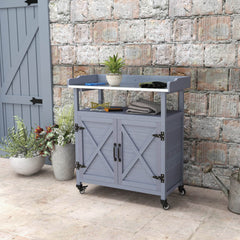 Outsunny Outdoor Wooden Potting Bench with Storage Cabinet, Aluminum Tabletop, Rubber Wheels for Backyard, Patio, Balcony, Gray
