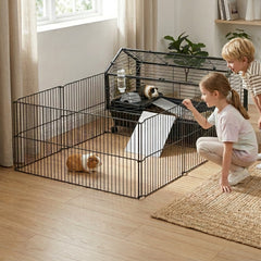 PawHut Rolling Metal Rabbit, Guinea Pig, or Small Animal Hutch Cage with Main House and Run